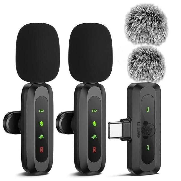 2 db Lavalier mikrofon, ELITE BRAIN, tiszta és precíz hangzás, további szélvédelem és funkció kijelző, csatlakozási állapot, szünet, zajcsökkentés, akkumulátor töltöttségi szint, 360°-ban forgatható bilincsek, professzionális teljesítmény