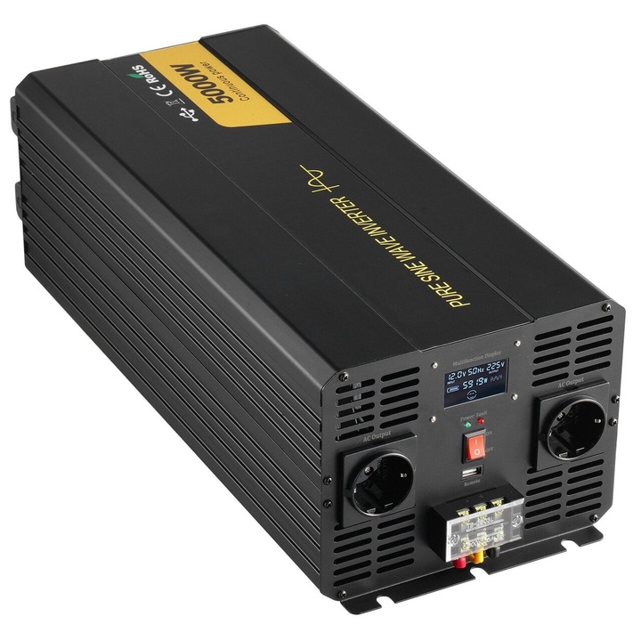Invertor de putere cu unda sinusoidala pura 5000 W, 12VDC-230VAC, port USB, telecomanda, afisaj LCD