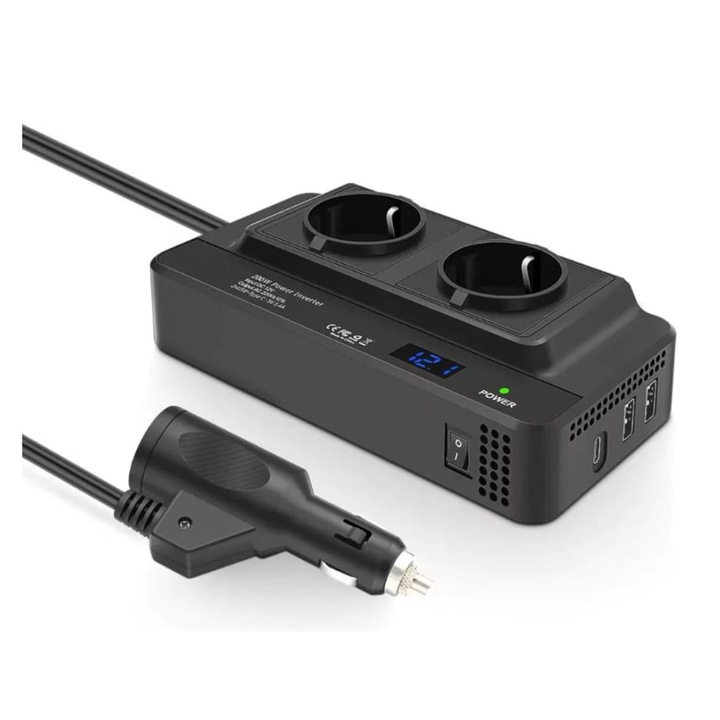 Автомобилен инвертор 12V-220V, 200W, 4x USB бързо зареждане, 2 EU конектора, DC-AC преобразуване, LED дисплей, вентилатор за охлаждане, множествена защита, захранване за автомобилна запалка AutoREY