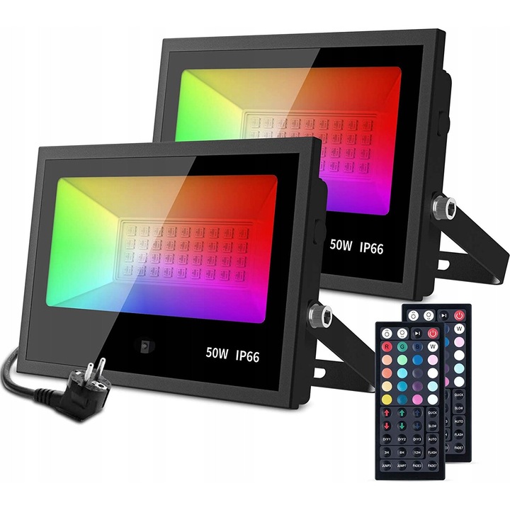 Set 2 Proiectoare LED RGB 50W, MustWin, Negru, 20 Culori, 6 Moduri
