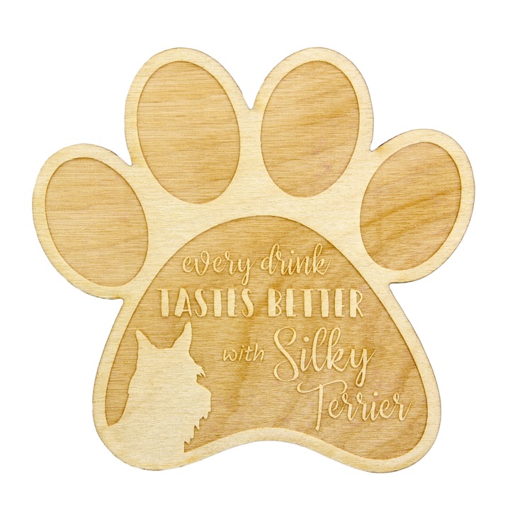 Suport pahar/cana Art-Dog Silky Terrier, gravat, lemn de mesteacan, 10x9.5cm