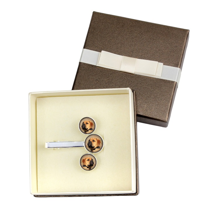 Set bijuterii barbati, Art-Dog, butoni si clips pentru cravata, fotografii animale de companie, hipoalergenic model Bullmastiff