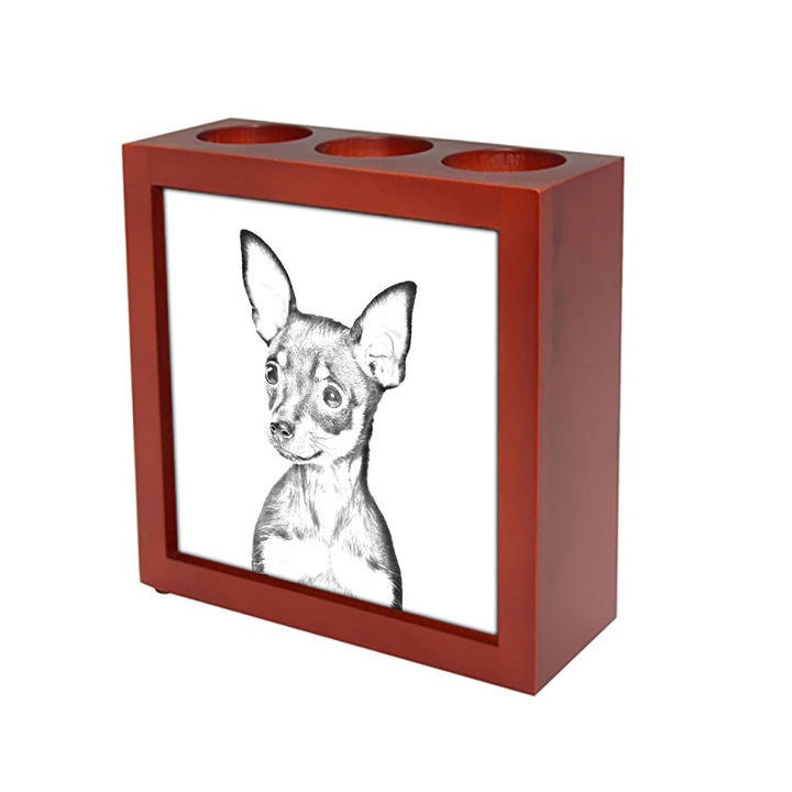 Suport de pixuri din lemn personalizat, Art-Dog, cu imprimeu, 12.5x12.5x4.7cm, 3 sloturi pentru pixuri