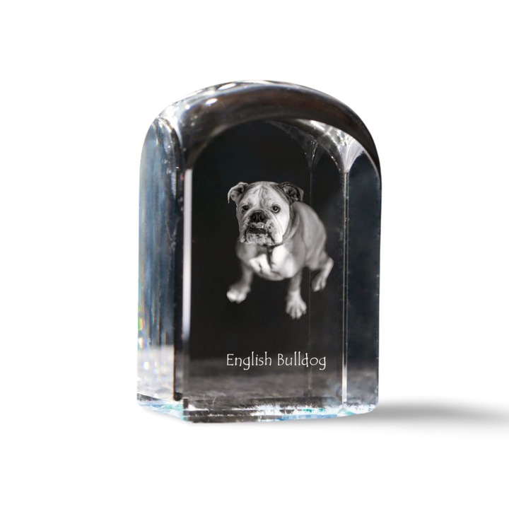 Kristály dekorációs kiegészítő, Art-Dog, személyre szabott gravírozással, 10x6x6cm, átlátszó, angol bulldog modell