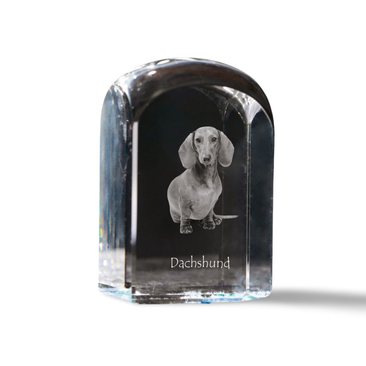 Dekoratív kristály kiegészítő, Art-Dog, fényképpel személyre szabott, 10x6x6cm, átlátszó, tacskó modell