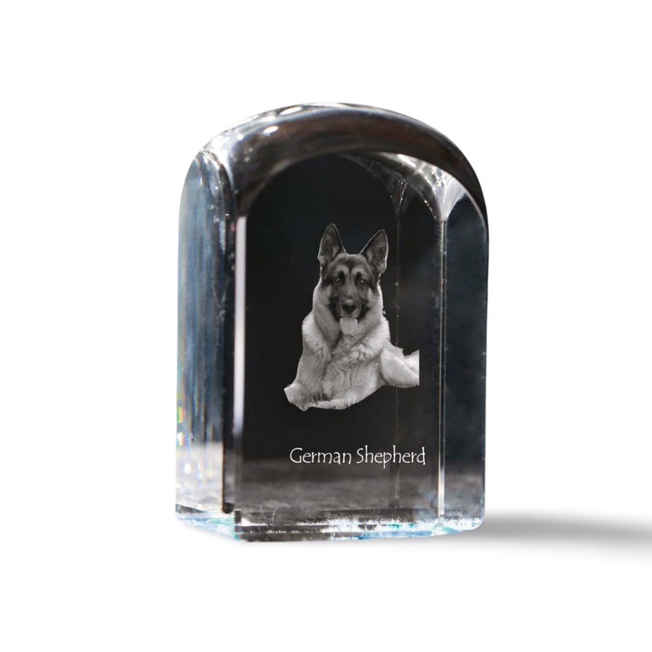 Dekoratív kristály kiegészítő, Art-Dog, személyre szabott gravírozással, 10x6x6cm, átlátszó, német juhászkutya modell