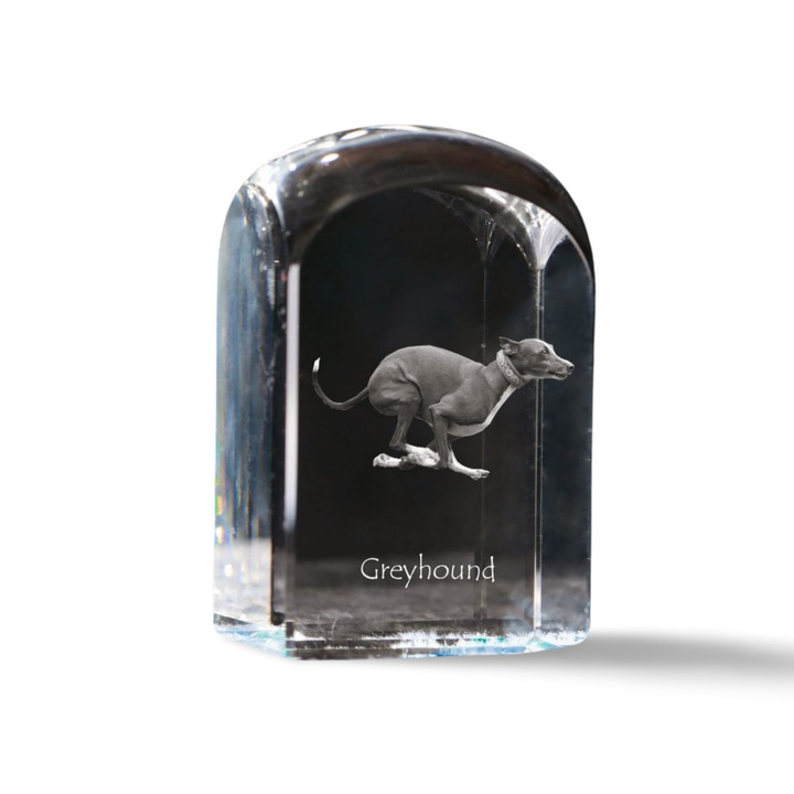 Kristály dísztárgy, Art-Dog, személyre szabott fényképpel, 10x6x6cm, átlátszó, Angol Agár modell