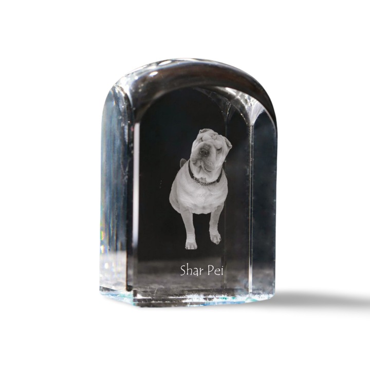 Kristály dísztárgy, Art-Dog, fényképpel személyre szabott, 10x6x6cm, átlátszó, Shar Pei modell