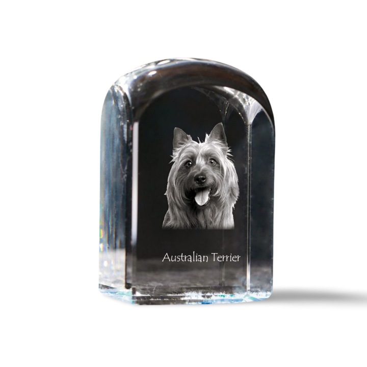Kristály díszítő kiegészítő, Art-Dog, fényképpel személyre szabott, 10x6x6cm, átlátszó, ausztrál terrier mintával