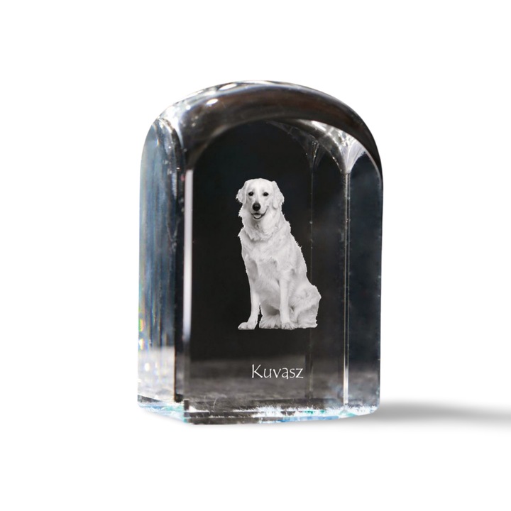 Kristály dekorációs kiegészítő, Art-Dog, fényképpel személyre szabott, 10x6x6cm, átlátszó, Kuvasz modell