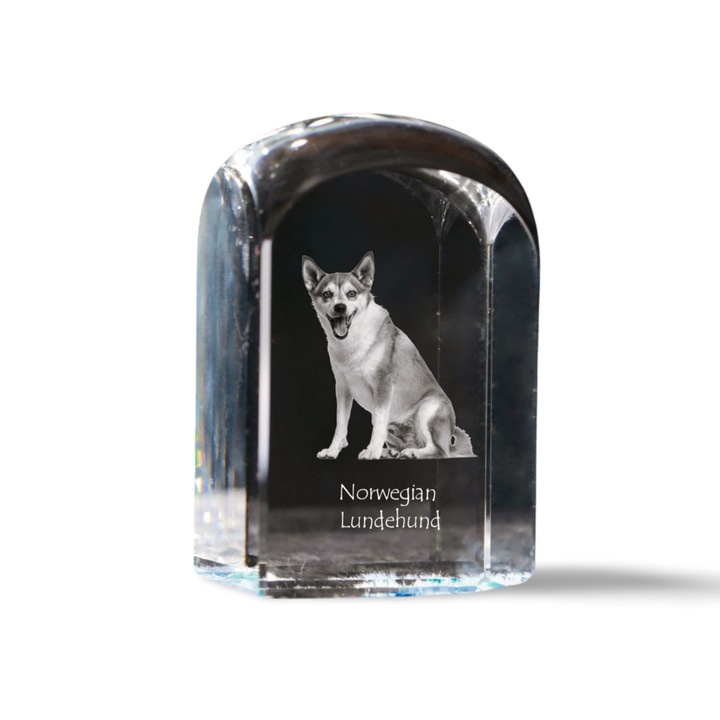 Kristály díszítő kiegészítő, Art-Dog, személyre szabott gravírozással, 10x6x6cm, átlátszó, Norvég Lundehund modell