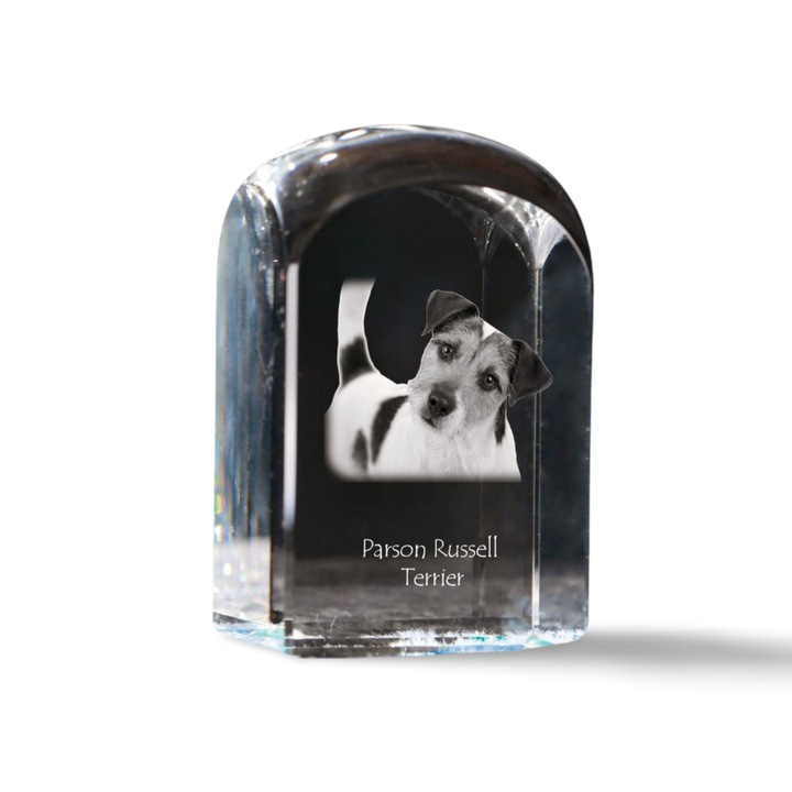 Kristály dísztárgy, Art-Dog, fényképpel személyre szabott, 10x6x6 cm, átlátszó, Russell Terrier modell