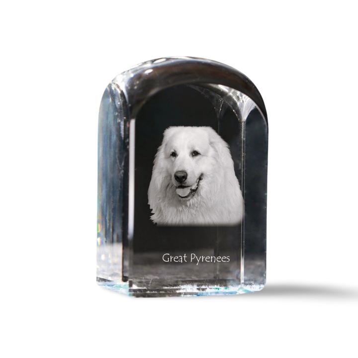 Kristály dísztárgy, Art-Dog, fényképpel személyre szabott, 10x6x6cm, átlátszó, pireneusi hegyikutya modell