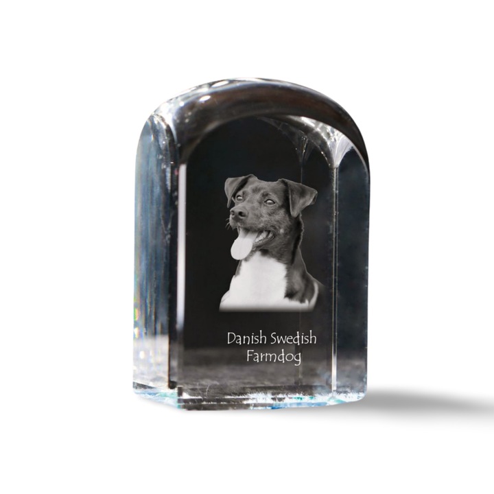 Kristály dísztárgy, Art-Dog, fényképpel személyre szabott, 10x6x6cm, átlátszó, dán-svéd tanyasi kutya modell