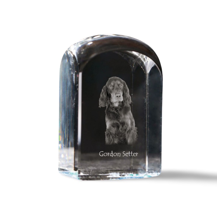 Kristály dísztárgy, Art-Dog, személyre szabott gravírozással, 10x6x6cm, átlátszó, Gordon szetter modell