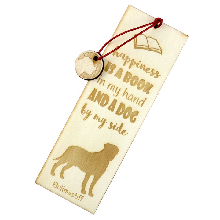 Semn de carte personalizat, Art-Dog, 5x15cm, lemn de mesteacan, cu mesaj "fericirea este o carte in mana si un caine langa mine"