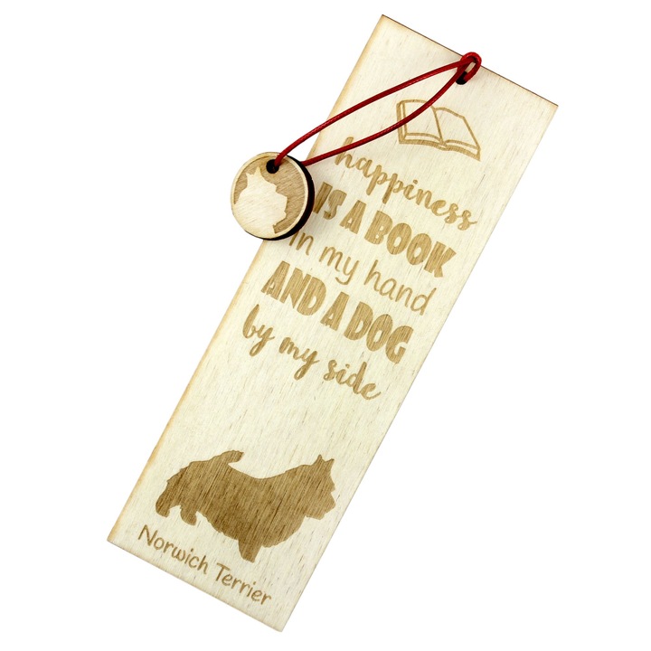 Semn de carte personalizat, Art-Dog, 5x15cm, lemn de mesteacan, cu mesaj "fericirea este o carte in mana si un caine langa mine"
