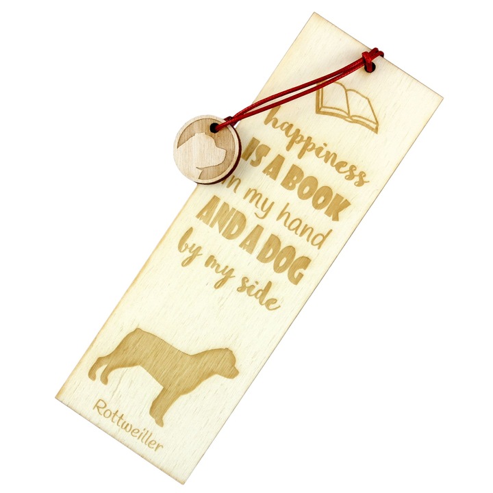 Semn de carte personalizat, Art-Dog, 5x15cm, lemn de mesteacan, cu mesaj "fericirea este o carte in mana si un caine langa mine"