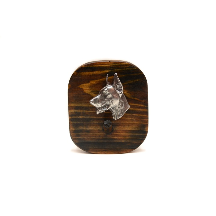 Cuier Art-Dog, Dobermann, lemn de pin, decor argintat, 10x8.7cm