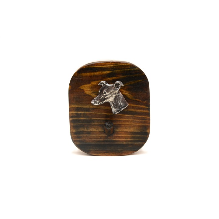 Cuier Art-Dog Whippet, lemn de pin, decor argintat, 10x8.7cm