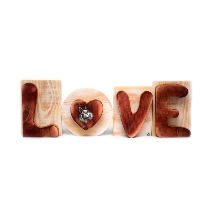 Decoratiune LOVE, Art-Dog, lemn, basorelief argintat Bully III, 16.5x50.5cm