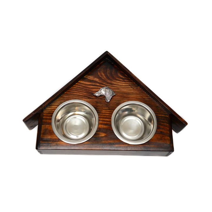 Fa állvány 2 tállal kutyáknak, Art-Dog, kutyaház alakú, 75x50x14cm, rozsdamentes acél tálak