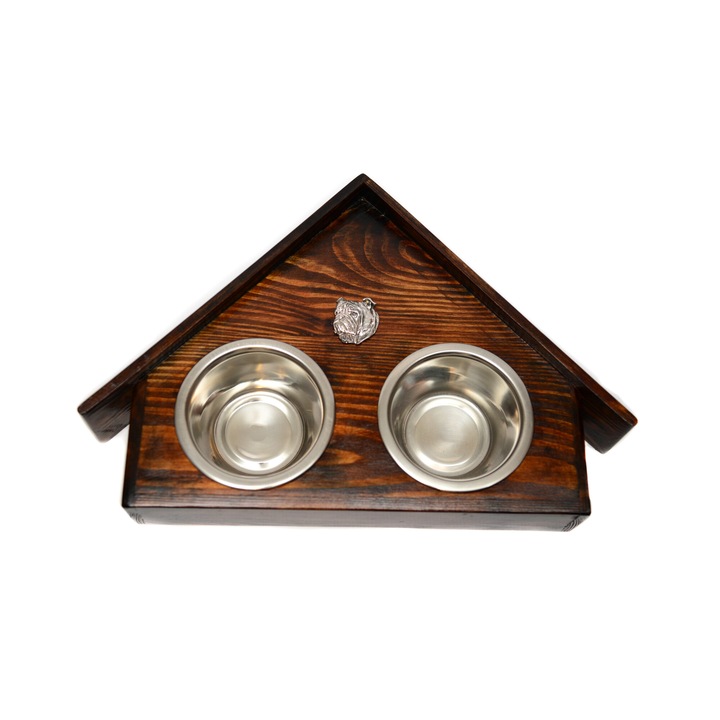 Suport din lemn pentru boluri caine, Art-Dog, casuta, 2 boluri inox, argintat, 75x50x14cm