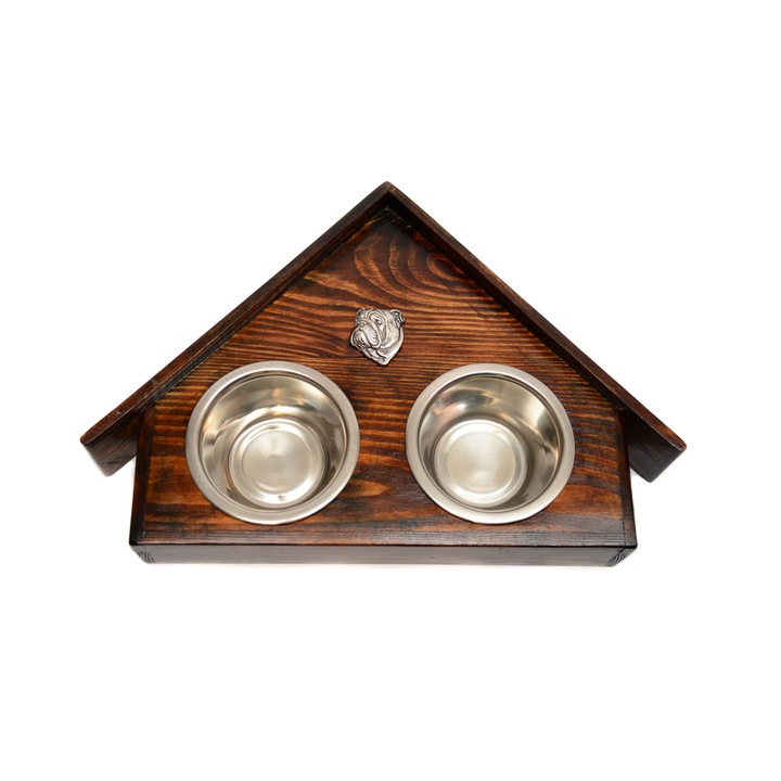 Suport din lemn cu doua boluri pentru caini, Art-Dog, forma casa de caine, 2 boluri din otel inoxidabil, 75x50x14cm