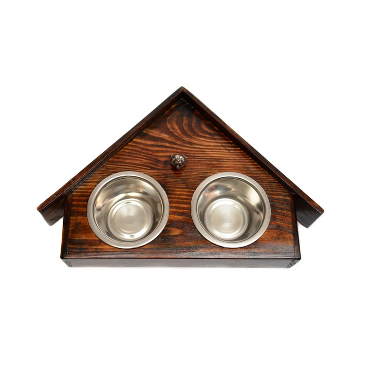 Suport dublu pentru boluri caine, Art-Dog, casuta lemn, 75x50x14cm, set 2 boluri inox