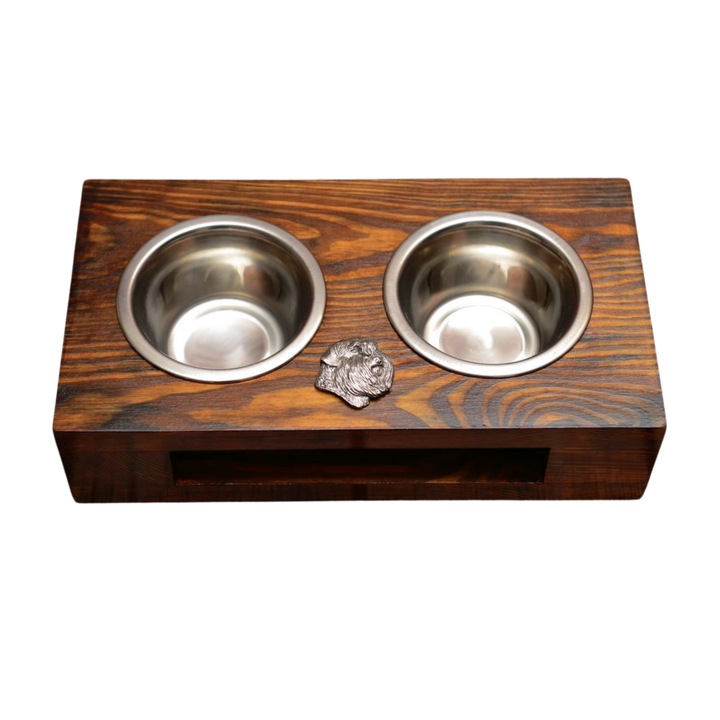 Suport din lemn pentru doua boluri pentru caini, Art-Dog cu boluri din otel inoxidabil, dimensiuni 60x30x10cm
