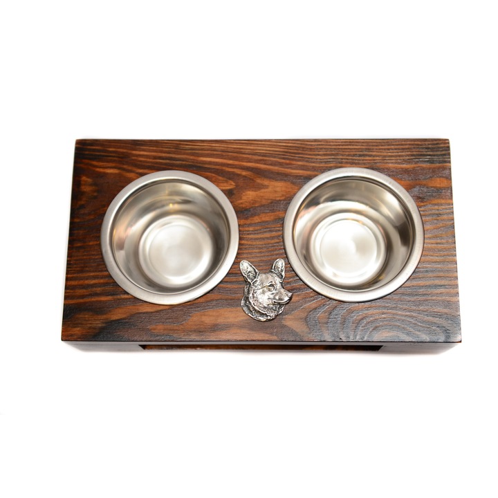 Suport dublu pentru boluri caini, Art-Dog, lemn masiv, basorelief argintat, 60x30x10cm, set 2 boluri inox