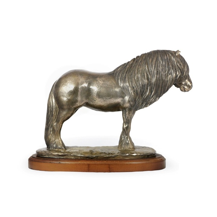 Statueta Cal, Art-Dog, Fell Pony Mare, bronz/rasina, pe suport de lemn, decorativa