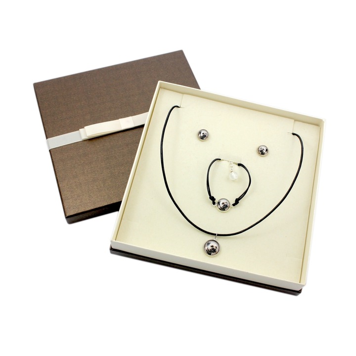 Set bijuterii Art-Dog Border Terrier, colier, cercei, bratara, argintiu, piele, ajustabil, metal