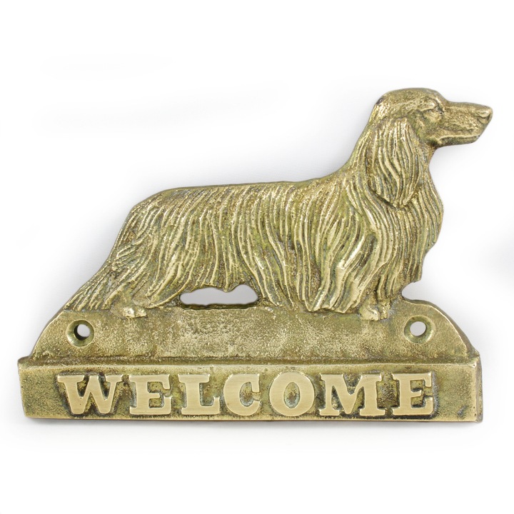 Placa de bun venit din alama, Art-Dog, cu inscriptionare, 2 gauri de montare, dimensiuni variate