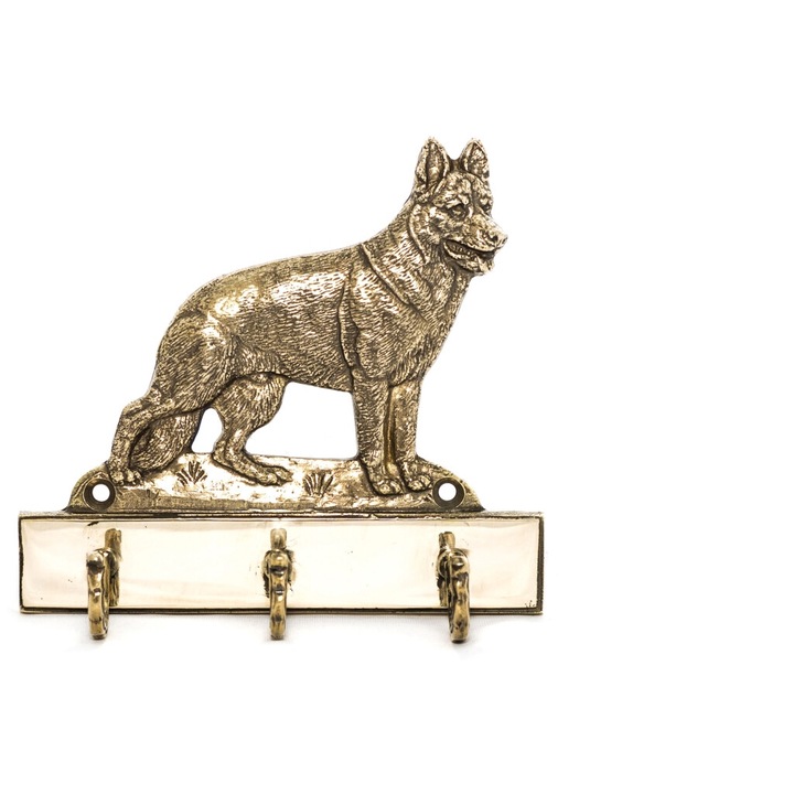 Suport chei cu caine ciobanesc german, Art-Dog, 3 carlige, alama, decor elegant pentru hol