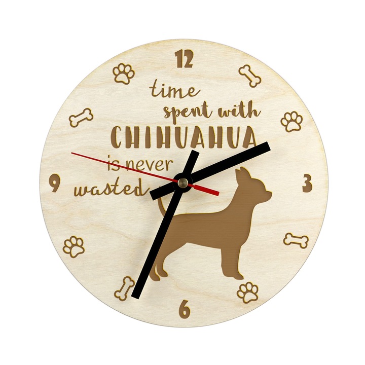 Rövid szőrű Chihuahua, sima Chihuahua - óra kutyával, fa óra, falióra kutyabarátoknak, óra irodába és polcra, Art-Dog