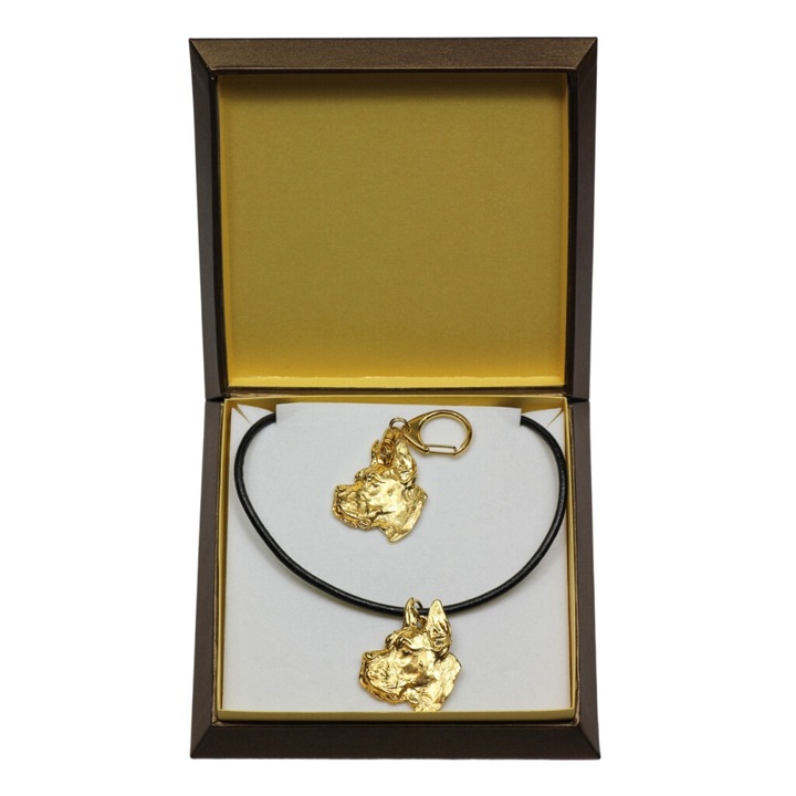 Set breloc si colier cu pandantiv caine, Art-Dog, aliaj placat cu aur, auriu/negru, 50 cm