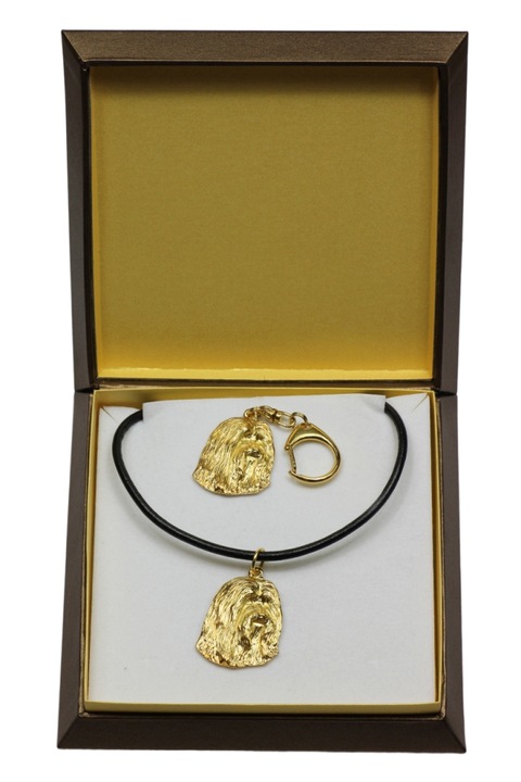 Set breloc/colier Bearded Collie, Art-Dog, placat cu aur, 50cm, metal