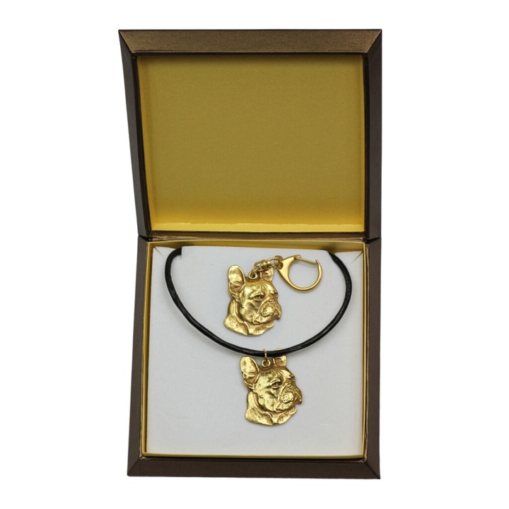 Set breloc si colier cu pandantiv caine, Art-Dog, aliaj placat cu aur, auriu/negru, 50 cm