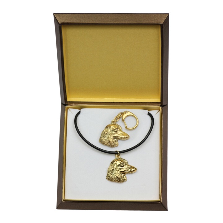 Set breloc si colier cu fata cainelui Teckel Sarmos, Art-Dog, placat cu aur, 50cm
