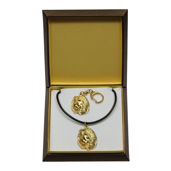 Set breloc si colier cu fata cainelui Ciobanesc Caucazian, Art-Dog, placat cu aur, 50cm