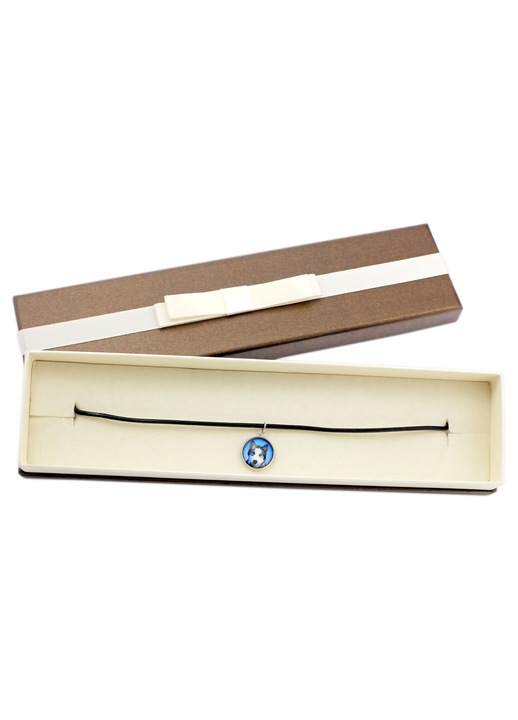 Colier handmade, Art-Dog, pandantiv argintiu, sticla, foto caine, lungime 50cm