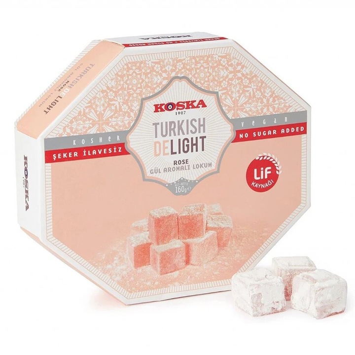 Rahat Turcesc (Turkish Delight) cu aroma de trandafir FARA ZAHAR adaugat, Vegan, Koska, 160g