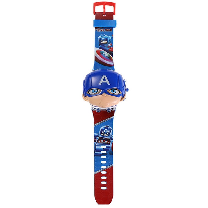 Ceas pentru copii cu lumini si muzica, MorFansi®, imagini anime 3D, 3 ani+, Captain America