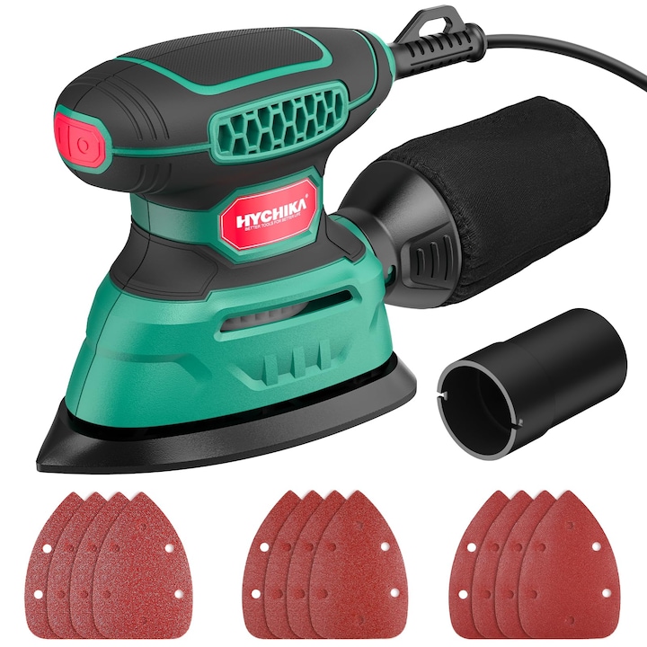 Мултифункционална орбитална шлайфмашина, HYCHIKA, мишка, 140 W，Доставя се с 12 шкурка, идеална за шлайфане на дърво, премахване на ръжда и боя