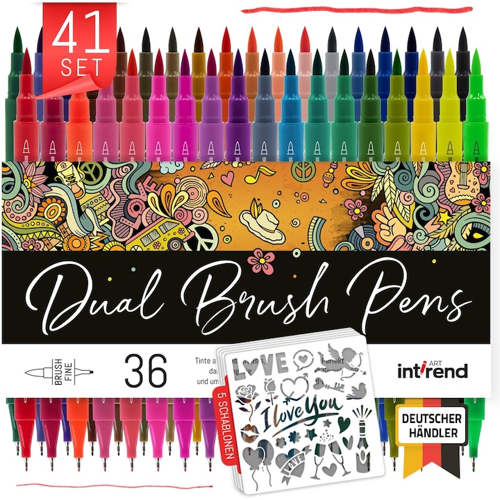 Set 41 piese Intrend 36 creioane tip carioca cu varf Flexibil tip Pensula, acuarela, 5 sabloane, perfecte Hobby, Desen, Caligrafie