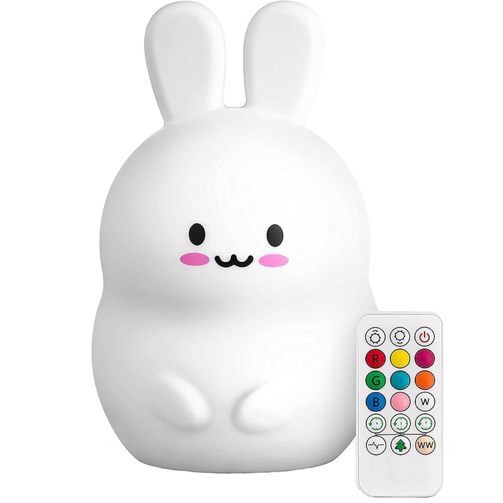 Детска преносима нощна лампа, многоцветен LED, USB, сензорно управление, таймер, силикон, заек, бяла