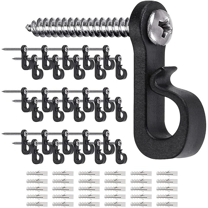 Set de carlige si suruburi, BOMSTOM, 30 de bucati, cu cutie de depozitare, sarcina maxima 20lb, rezistent la vant， rezistente la rugina si coroziune, reutilizabile，pentru agatat in aer liber, negru