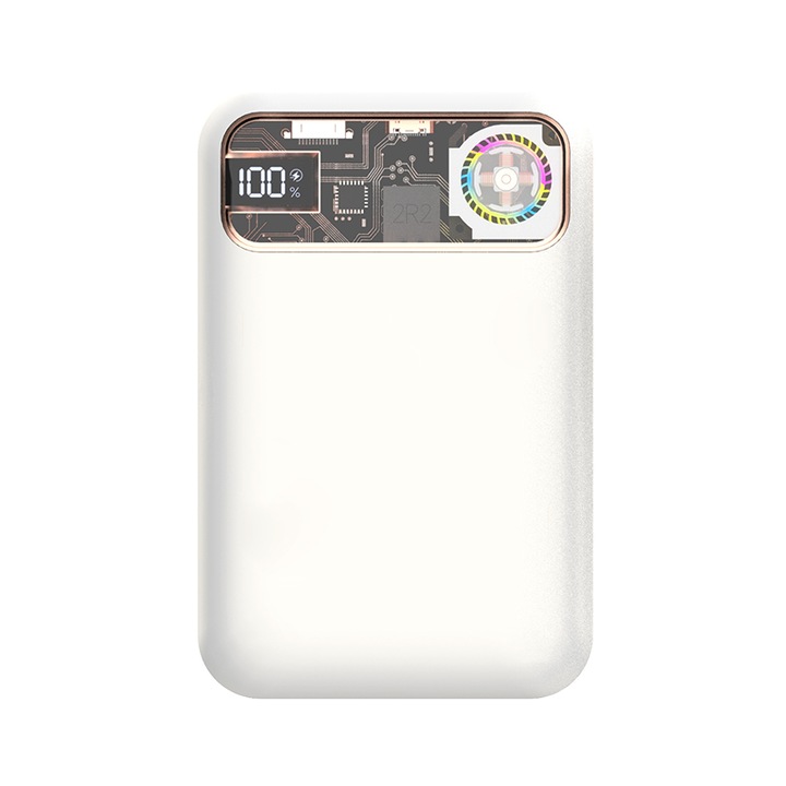 Power bank cu sistem de racire, incarcare magnetica, incarcare wireless 15W, 20W PD, 10000mAh, compatibil iPhone/Android phone, Alb
