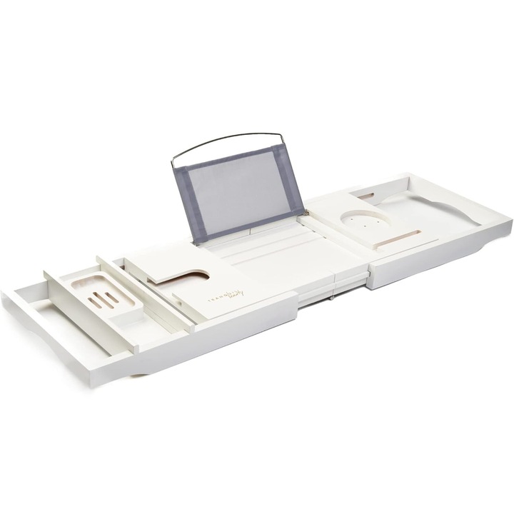 Masuta pentru cada extensibila, TranquilBeauty, din Bambus, alb, 70-102 cm